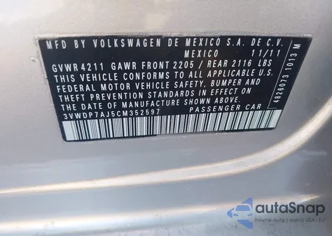 2012 Volkswagen Jetta 2.5L Se z USA, uszkodzony, nr VIN 3VWDP7AJ5CM352597